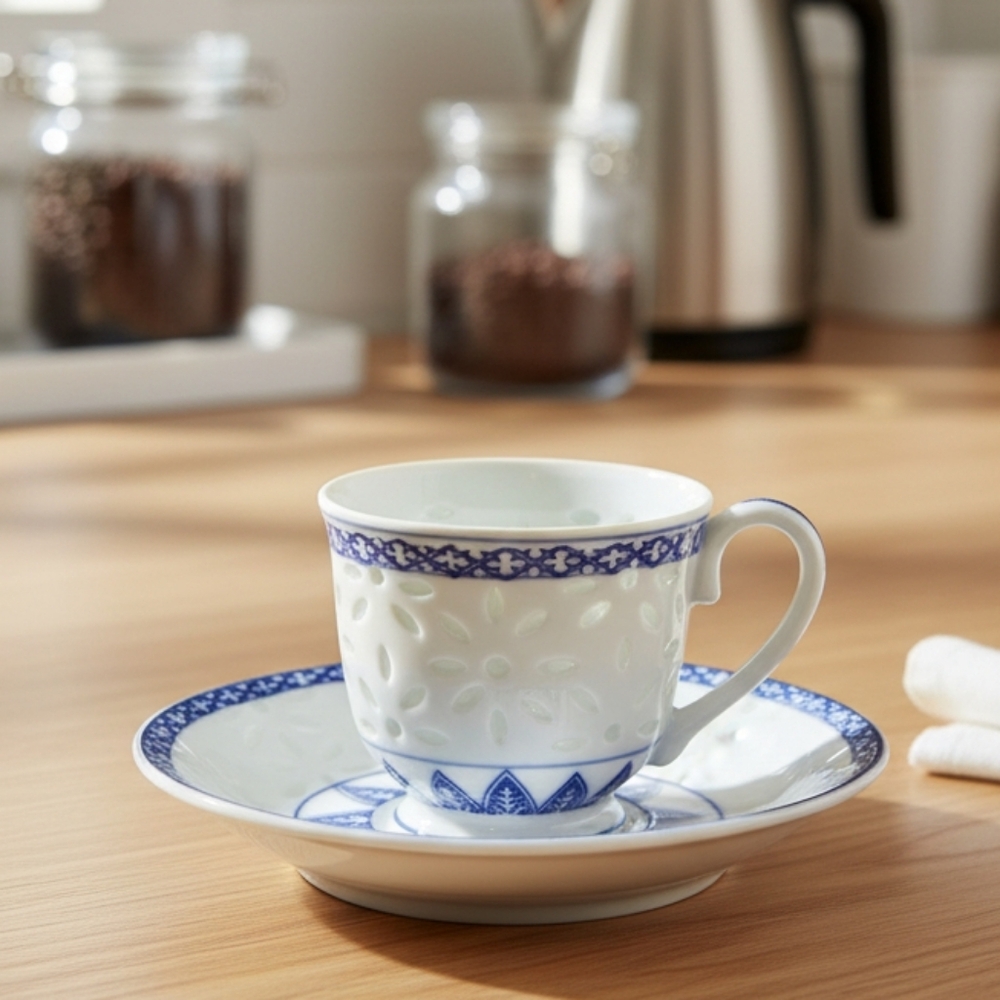 Blue White Porcelain Rice Eye Grain Tea Cup & Saucer Orient Vibes Home Decor